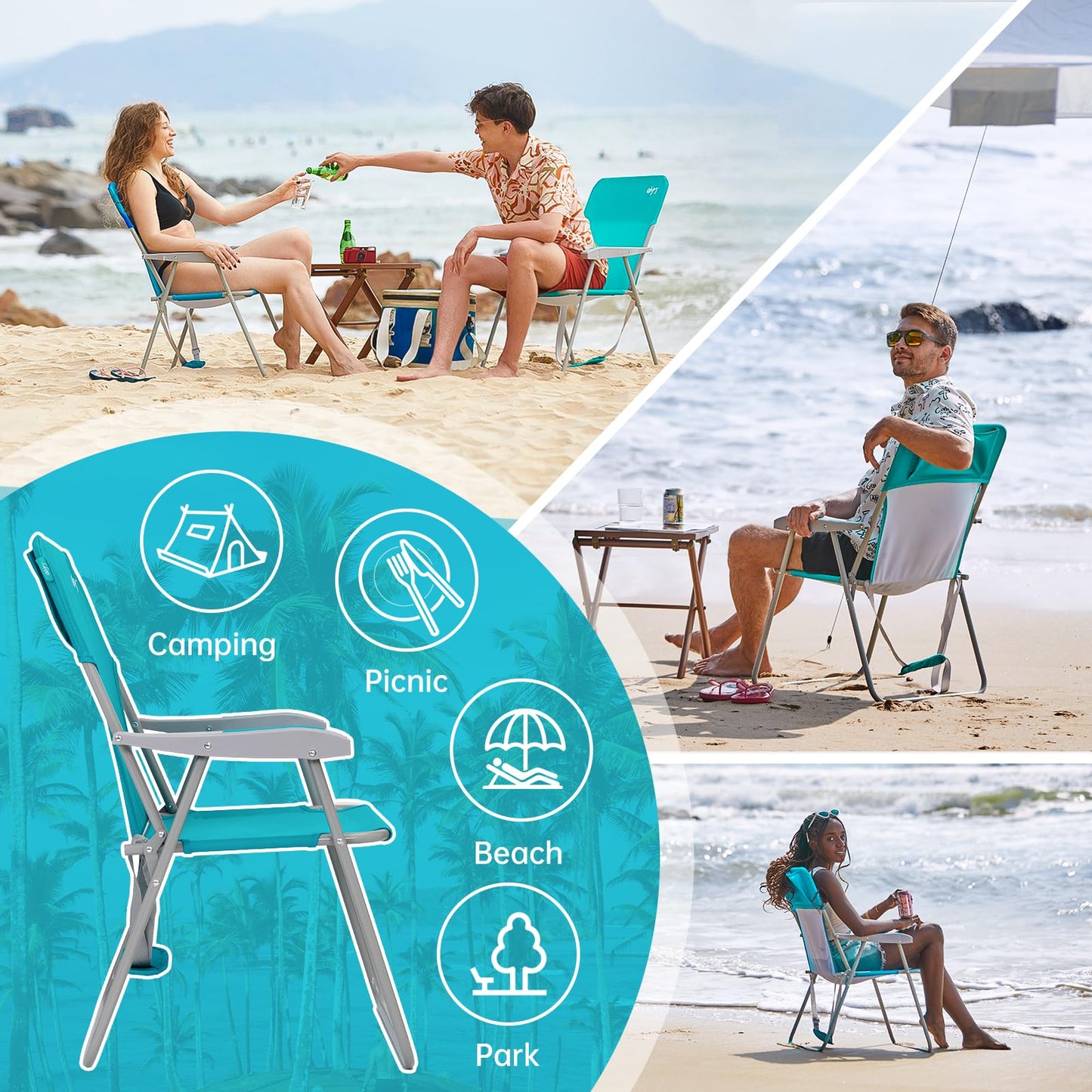 #WEJOY Folding Beach Chair for Adults, Lightweight Beach Chair with Shoulder Straps, High Back Camping Chairs with Hard Armrest, Supports 300lbs for Outdoor Lawn Concert, 2 Pack (Cyan)
