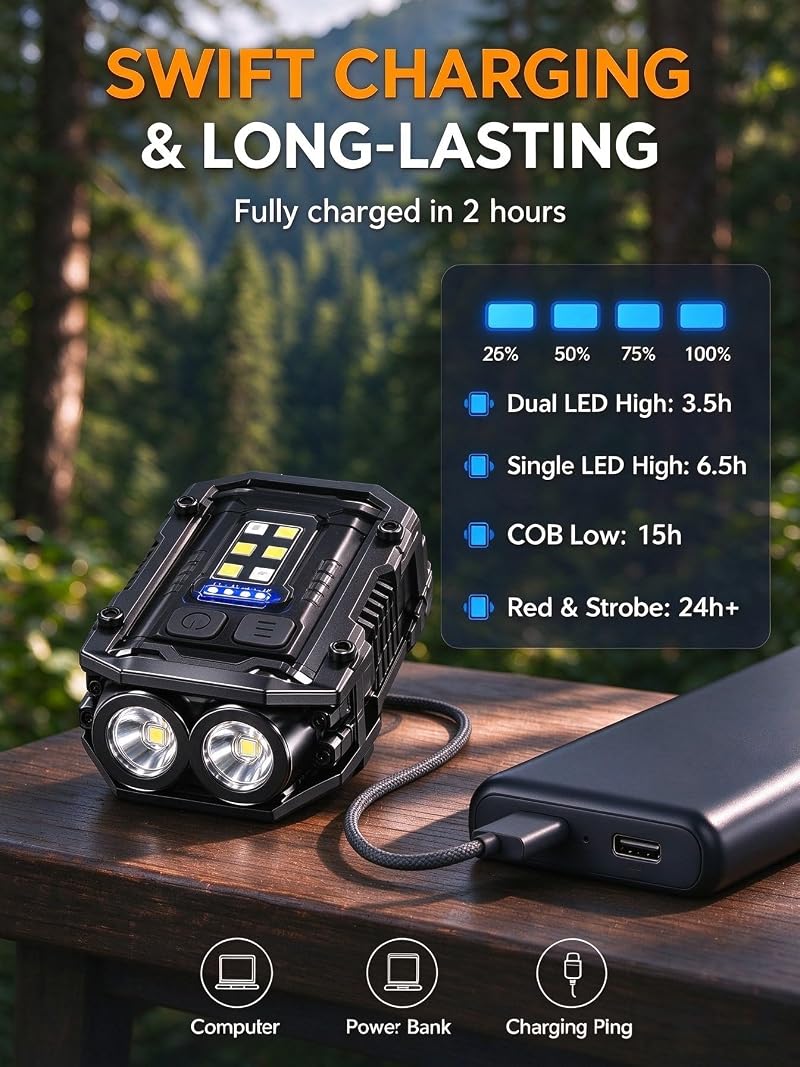 2 Pack 500LM Magnetic USB-C Running Light with Arm Band – Hands-Free LED Headlamp