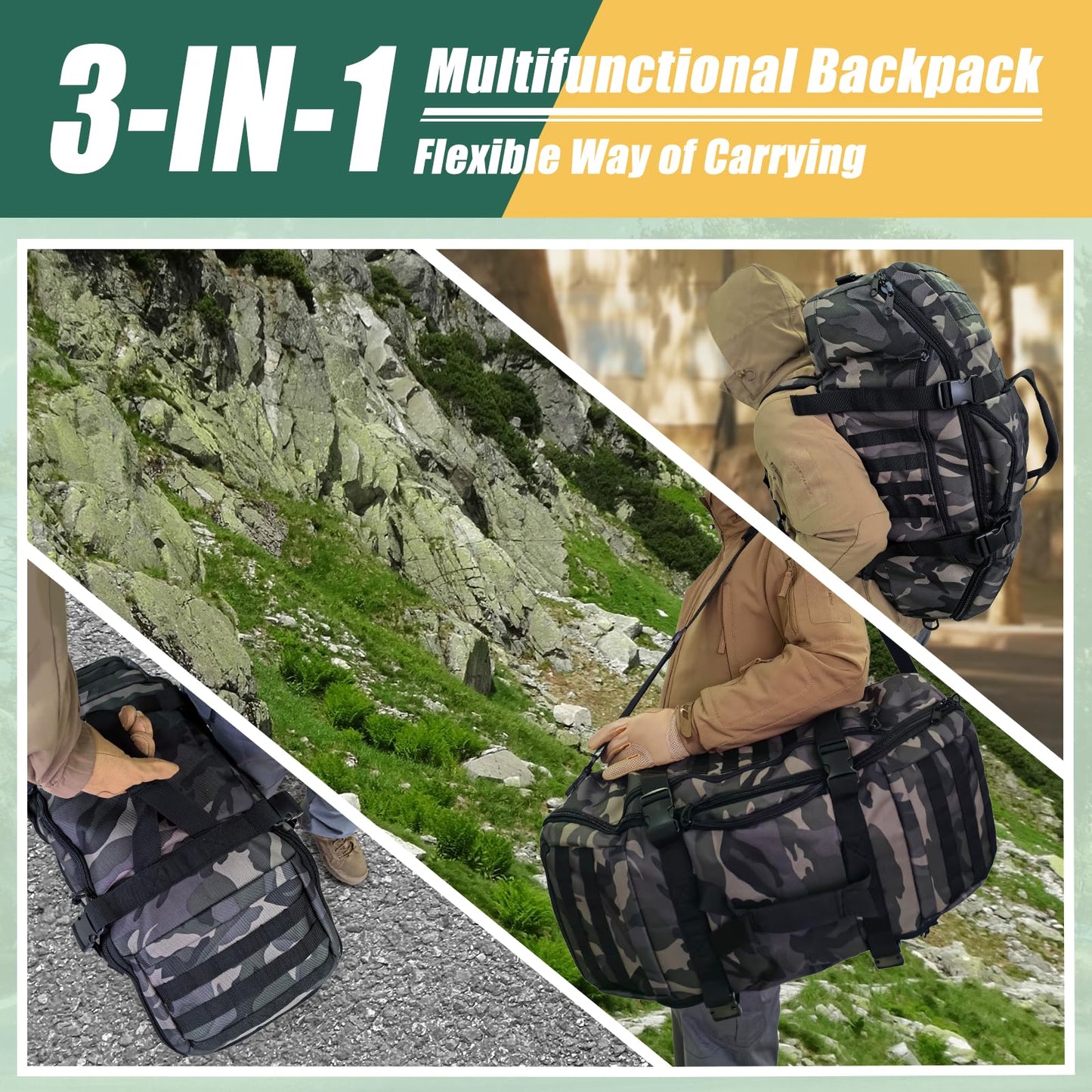 EASY BW 55L Large Travel Gym Duffle Bag Military Tactical Backpack, Army Pack 3 Day Bug Out Bag Rucksack for Outdoor Sport Hiking Camping with Molle System, Black Camo