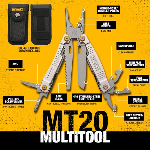 DEWALT 12-in-1 Multi-Tool with Pliers, Knife, Saw, Screwdrivers, Bottle & Can Opener – Stainless Steel Folding Pocket Tool with Sheath & Belt Clip for Construction, Trades & Jobsite Use