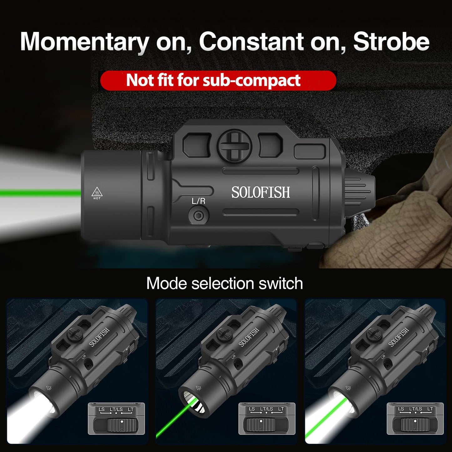 Solofish 1500lm Slidable Pistol Light and Green Beam Combo with Strobe/Momentary, Rechargeable Tactical Flashlight Compatible with Picatinny Rail