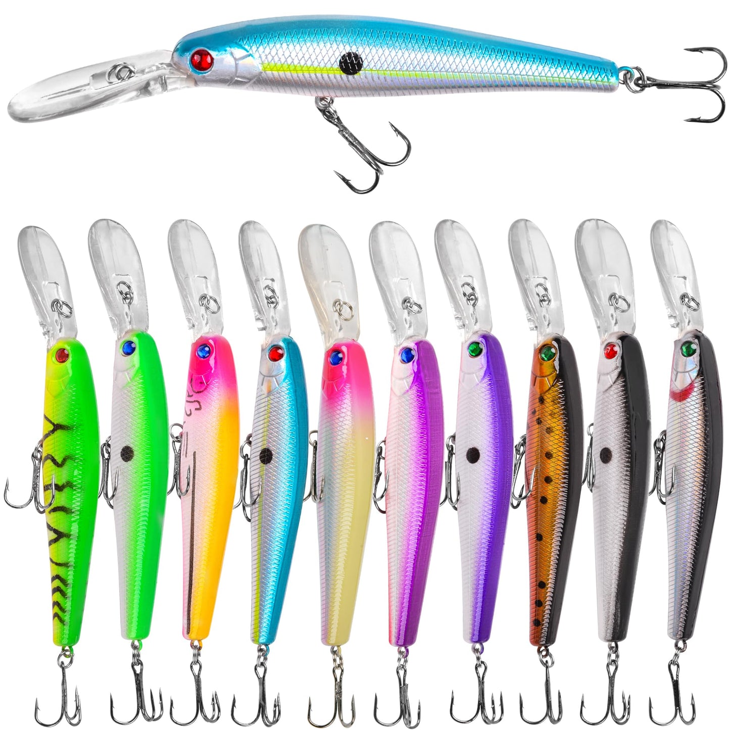 Crankbait Minnow Fishing Lures,10pcs Plug Lure with Treble Hooks Hard Baits Swimbaits 3D Fishing Eyes Life-Like Bass Crank Bait for Trout Bass Perch Fishing 5.07inch