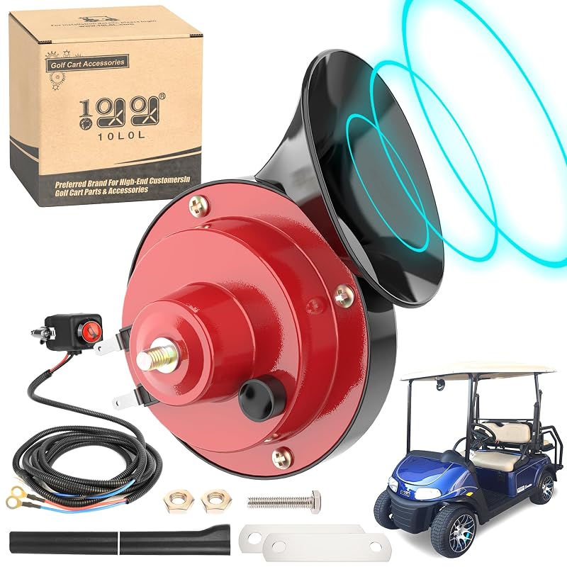 10L0L 12V Horn Kit with Hand Steering Button – Universal Fit for Golf Carts, ATVs, UTVs (Red & Black)