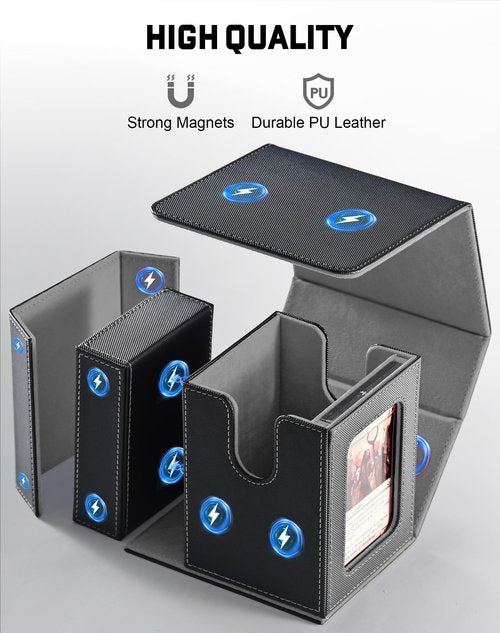 ZLCA MTG Commander Deck Box with Display Window, Card Deck Box Holds 100 Double-Sleeved with Dice Tray & 35pt Magnetic Card Holder （Black&Grey）