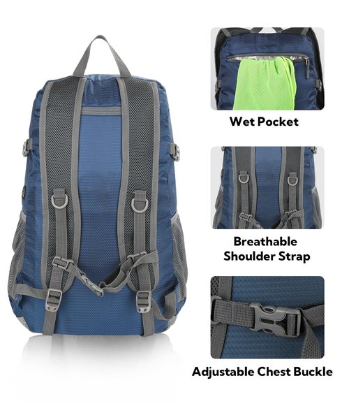 WATERFLY Lightweight Packable Hiking Backpack: 30L Foldable Travel Daypack Ultralight Camping Day Pack for Woman Man