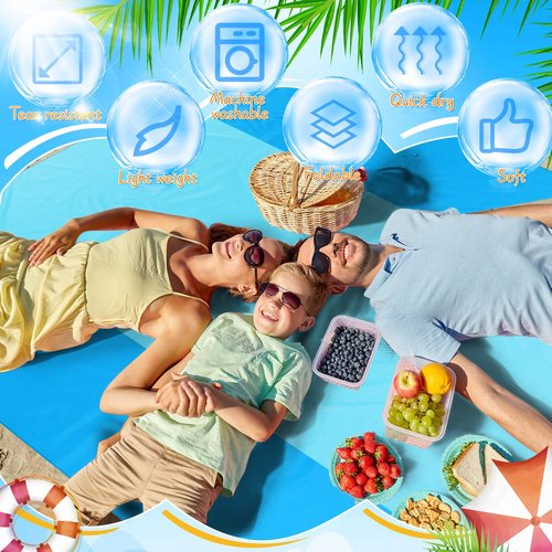 Drydiet 10 x 9 ft Beach Blanket Sandproof Waterproof Extra Large Beach Mat for 2-8 Adults Quick Drying Outdoor Picnic Blanket Lightweight Oversized Sand Free Mat for Travel Camping Hiking(Blue Cyan)