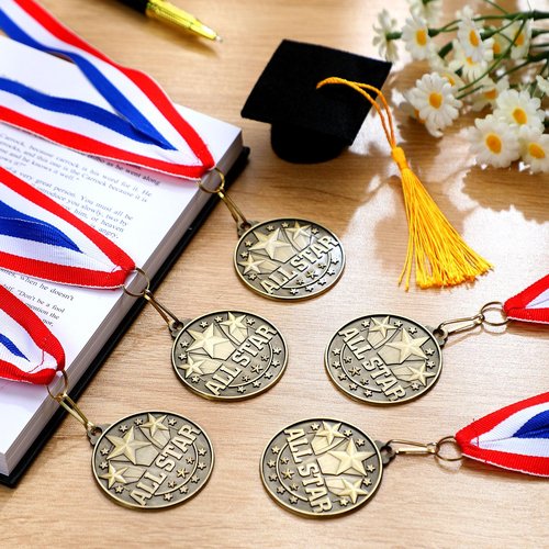 Quelay 60 Pcs Gold Award Medals with Neck Ribbons 2 Inch Winner Medals Awards Bulk Metal Trophy Award Prize Gift for Adult Competitions Education Tournaments Event(All Star)