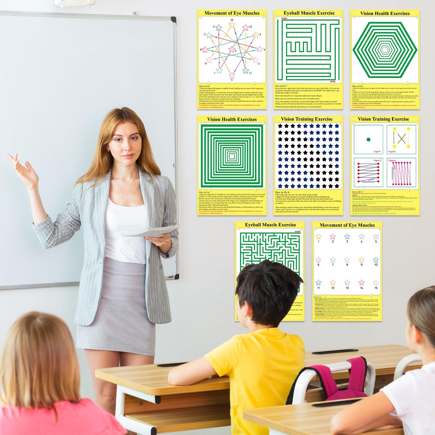 8 Pack Eye Exercise Chart- Visual Muscle Relaxation Chart Eye Fatigue Relief Eye Training Posters Eyes Strain Vision Therapy 3D Visual Stimulation Wall Art for Home School Classroom Office Desk Signs