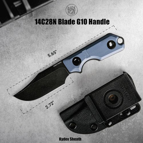 Vosteed Quokka EDC Fixed Blade Knife - 2.72" 14C28N Blade with Sheath, Blue G10 Handle with S.O.A.R. Clip for Hunting Survival Knives - D0602