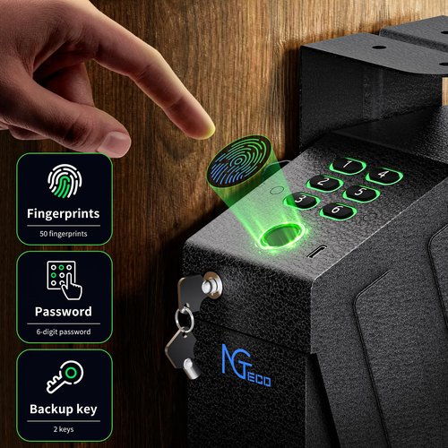NGTeco Gun Safe, Biometric Gun Safes for Handgun, Hidden Pistol Safe with Fingerprint, Passcode, Key - Secure Steel Construction Drop Down Mounted Safe for Bedside, Desk, Nightstand