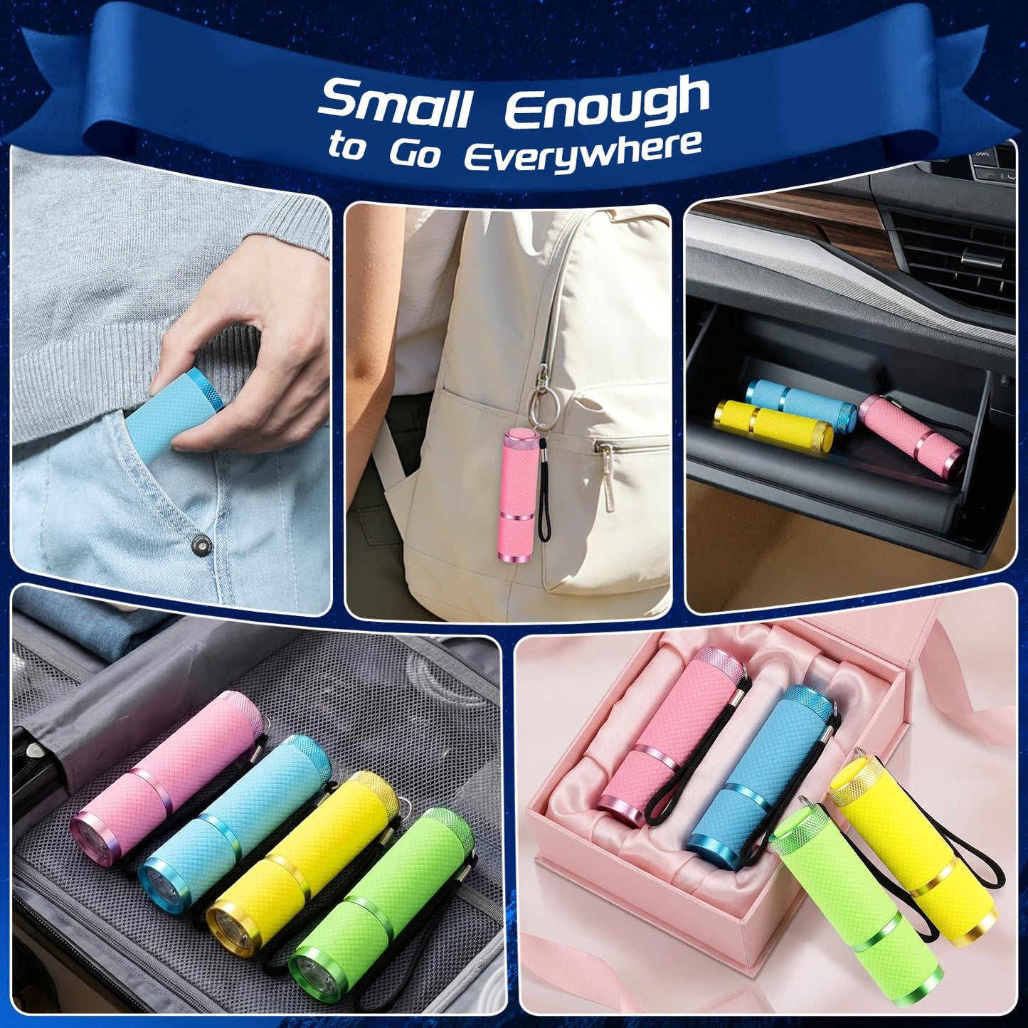 DAFURIET 4 Pack Mini Flashlights, 9 LED Glow-in-the-Dark Aluminum Lights with Straps – Perfect for Camping, Hiking, and Emergency