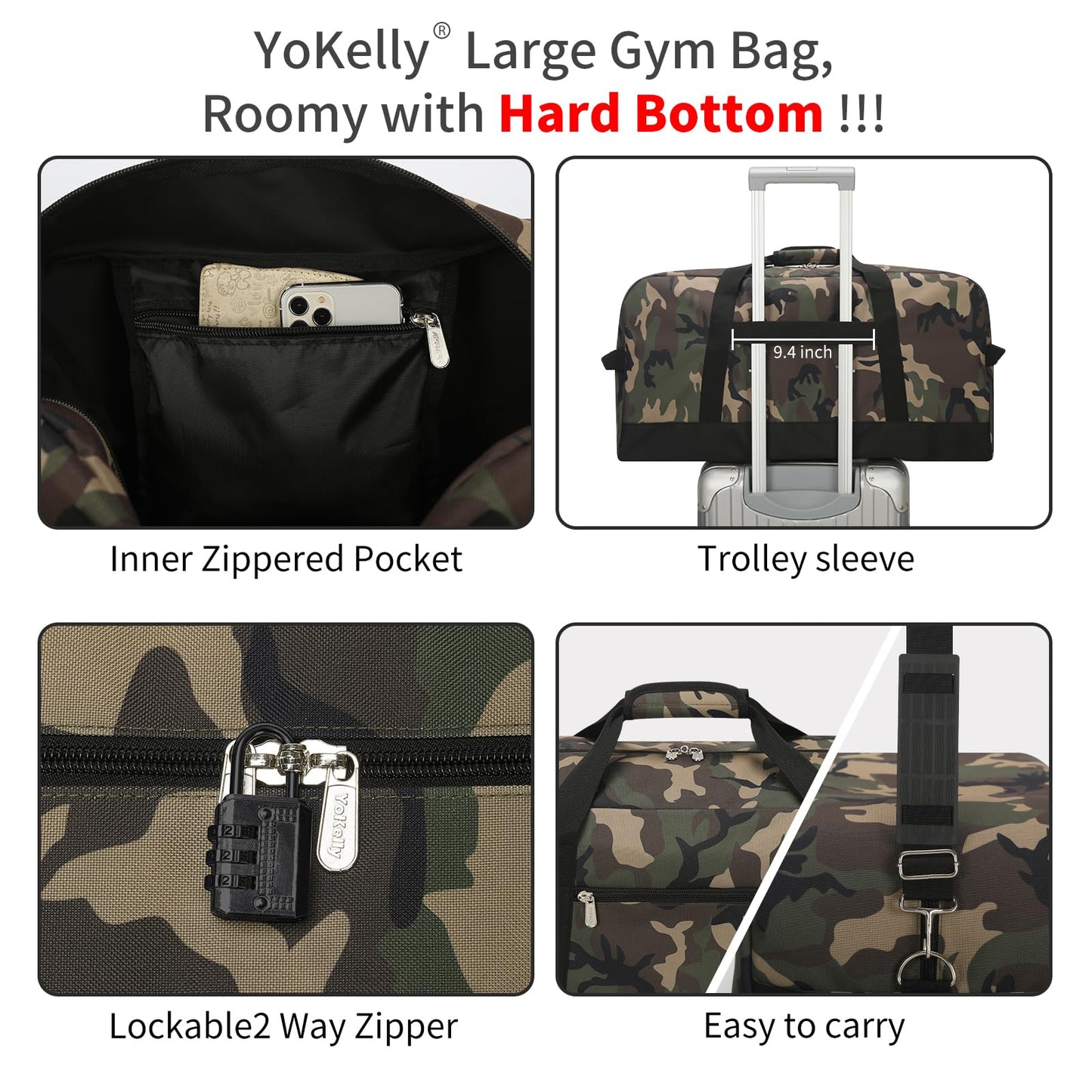 YoKelly 55L Large Duffle Bag for Men Travel - 25 inch Sports Duffel Bag with Hard Bottom - Camo