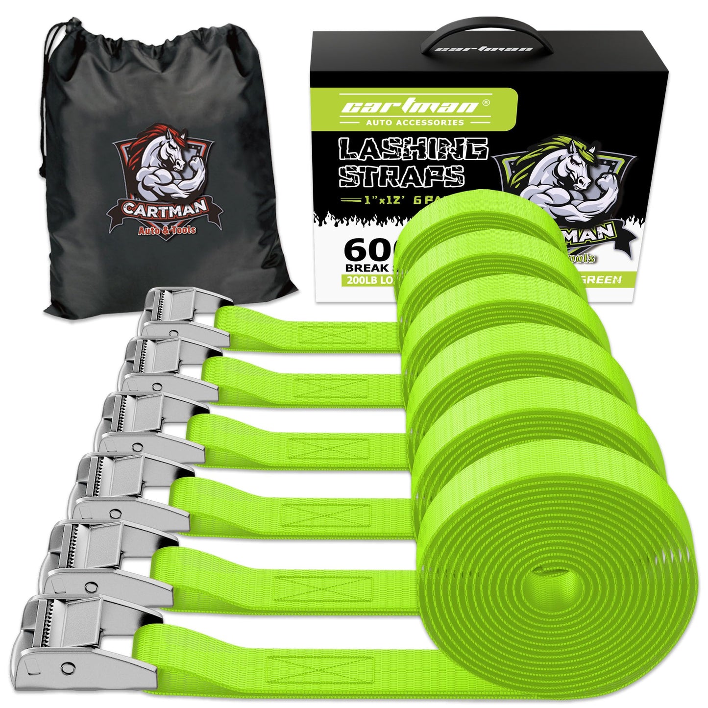 Cartman 1" x 12 ft Lashing Straps, 6 Pack, 600 lb Break Strength, Green