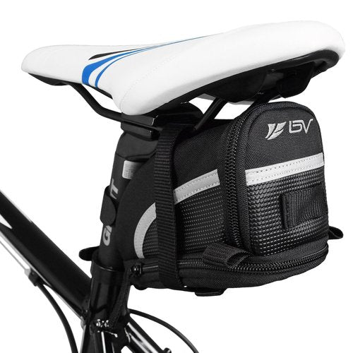 BV Strap-On Bike Bag with Reflective Material - Capacious Saddle Bag with Seperate Divider for Small Items & Room for All Your Essentials - Bike Pouch with Taillight Hanger for Maximum Safety