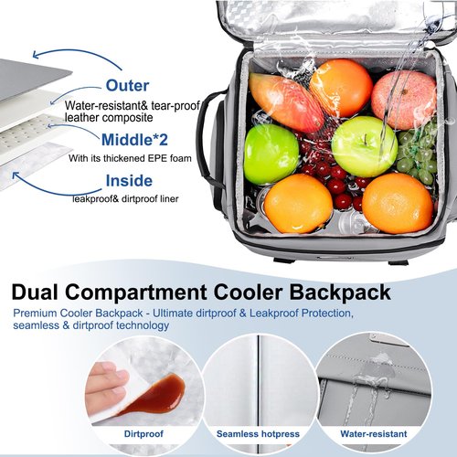 Weitars Insulated Cooler Backpack,Double Deck Waterproof Soft Cooler Bag,Backpack Coolers Leak Proof Lunch Backpack for Men Women for Travel,Camping,Picnic,Beach,Picnic,Outdoor 31L/52 Can (Gray)