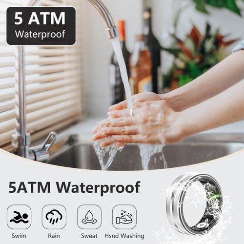 Thin Smart Ring for Fitness & Health Tracking -Pedometer,Sleep/Heart Rate/Blood Oxygen Monitor, Gesture Control / 5ATM Waterproof -No APP Subscription Compatible with Smart Phone (Silver, 9)