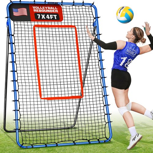 FITPLAY 7x4FT Volleyball Rebounder Net, 5-Angle Adjustable Volleyball Bounce Back Training Equipment with Steel Frame & PE Net for Volleying,Spiking,Bumping,Includes Ground Stakes & Carry Bag
