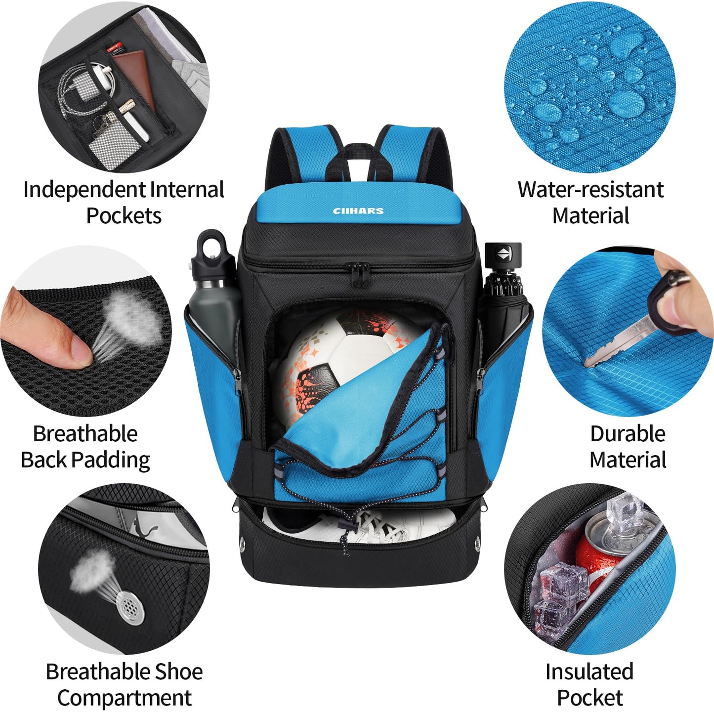 Ciihars Soccer Backpack,Soccer Bag with Ball Holder,Sport Equipment Bags Includes Separate Cleat Shoe and Ball Compartment Fit Basketball Volleyball Football (sport soccer bag 2025 BLUE)