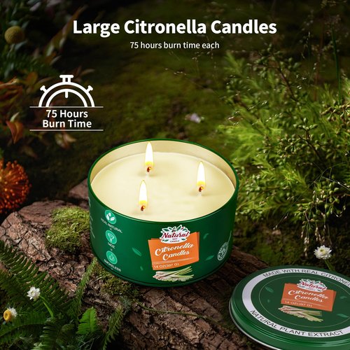 Citronella Candles Outdoor, Large 3-Wick Outdoor Candles for Patio Garden (14OZ Each), Nature Soy Wax Lemomgrass Outside Candle, Long Lasting Decorative Summer Candle for Camping, Backyard