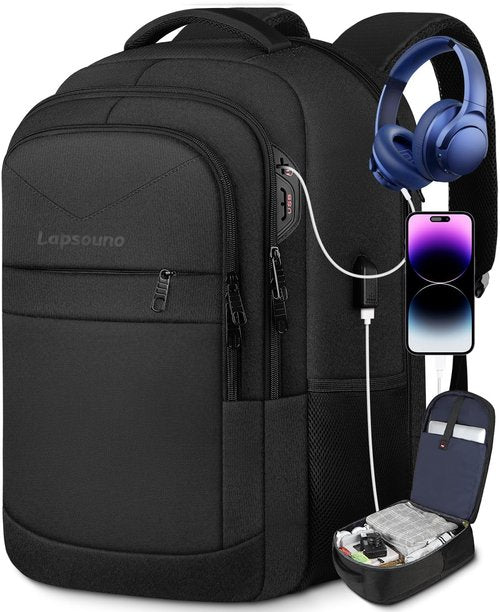 Travel Backpack, Large Carry on Backpack, 17 Inch Laptop Bag, Big Sturdy TSA-Friendly with USB Port College School Rucksack Bag, Gifts for Him Men Women, Black