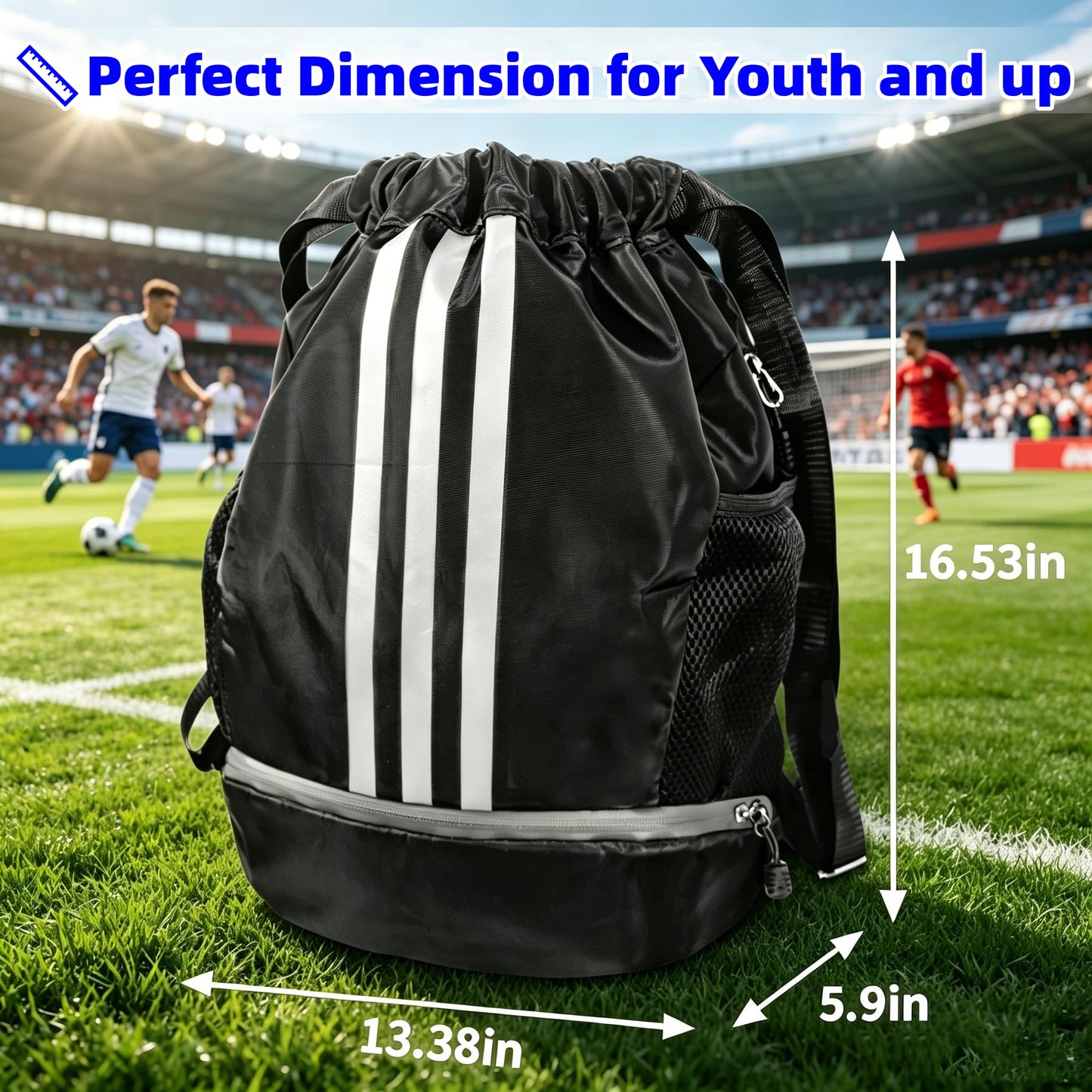 Champhox Soccer Bag, Youth Soccer Basketball Bag with Compartments Drawstring Backpack for Football Volleyball Gym Training (Black)