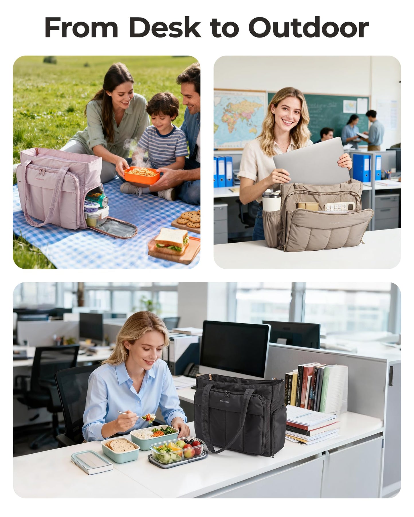 BAGSMART Laptop Tote Bag, Lunch Tote Work Bag with Lunchbox Compartment, Large Puffer Teacher Nurse Tote Large Shoulder