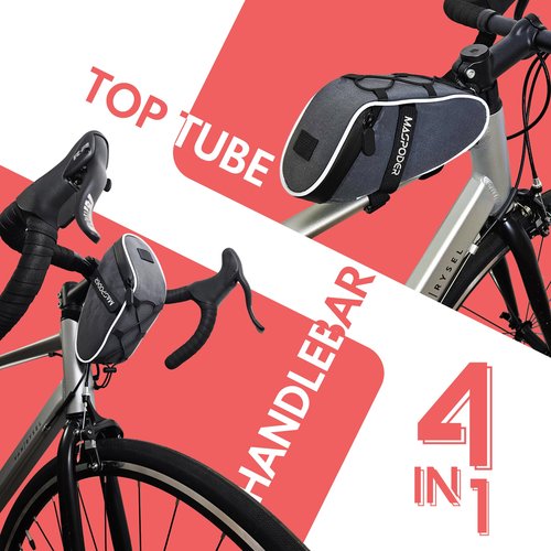 MASPODER 4 in 1 Bike Bag for Frame Handlebar Saddle Top Tube, 360 Reflective Waterproof Fabric Phone Holder Mount Pouch Bicycle Accessories for Adult Bikes Road Mountain MTB Gravel City Pocket ebike