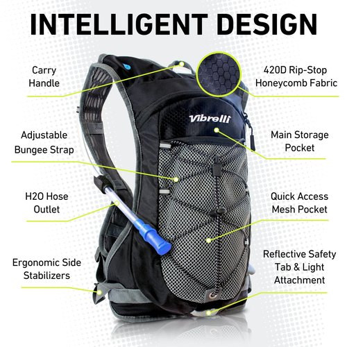 Vibrelli Hydration Pack & 2L Hydration Water Bladder - High Flow Bite Valve - Hydration Backpack with Storage - Lightweight Running Backpack, Also for Cycling, Hiking, Ski, Snow for Men, Women & Kids