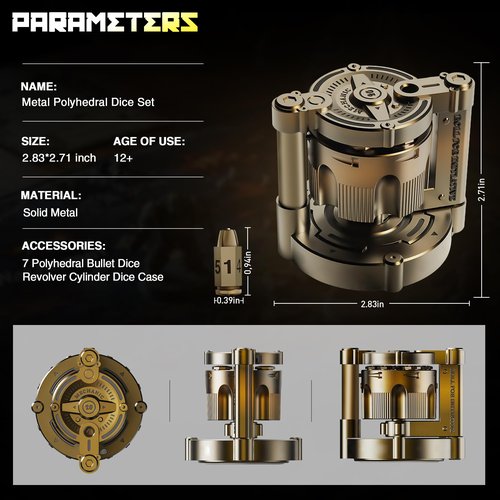 YNWML Metal Dice Set, 7 Piece Polyhedral Bullet Dice with Spinning Revolver Cylinder Case, Fidget Toy for Stress Relief, Cyberpunk Style Tabletop RPG Dice, Golden