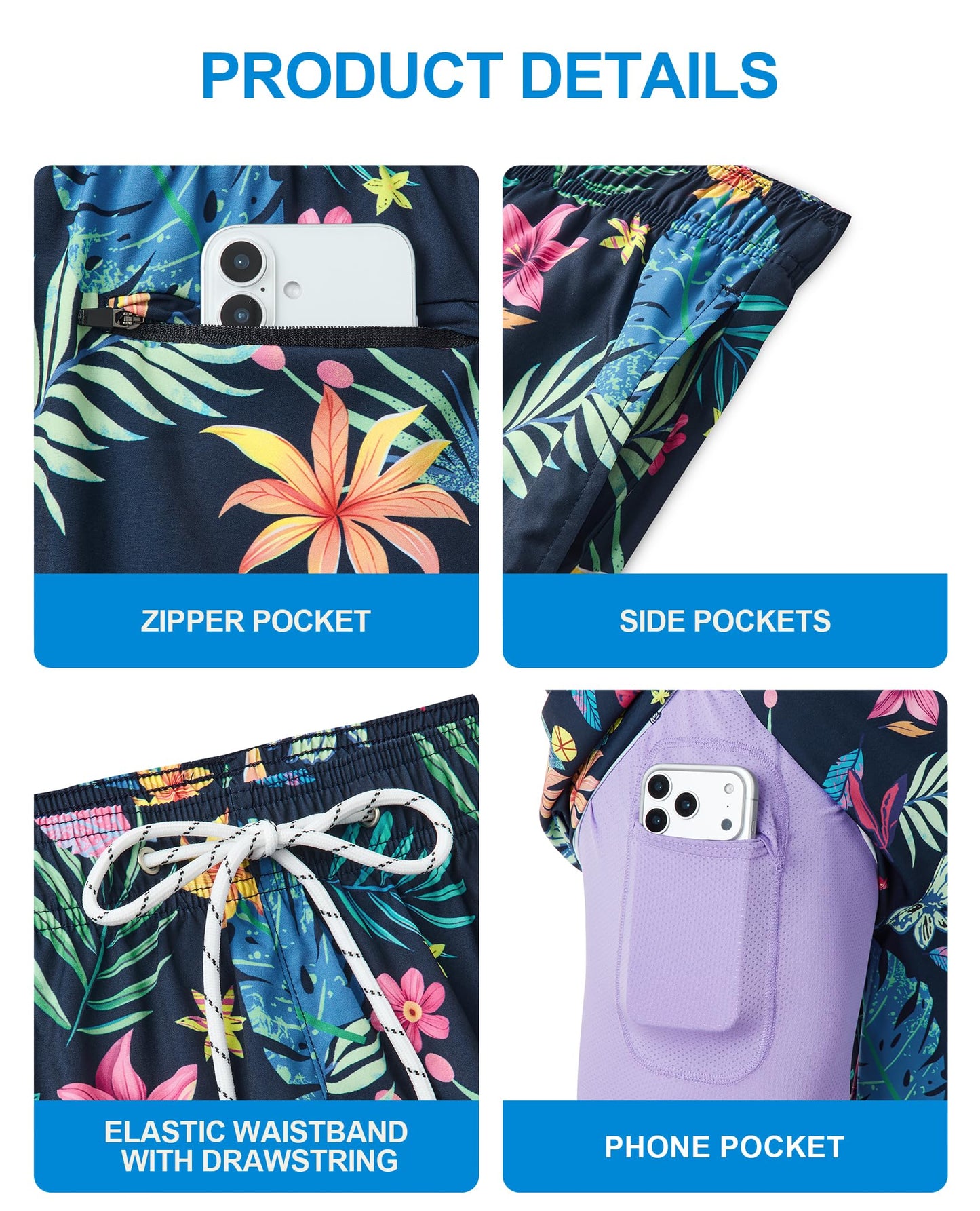 Compression Swim Trunks Men Men's Bathing Suits 7 inch with Compression Liner Zipper Pockets Drawstring Quick Dry Stretch Comfort Lined Funny Beach Pool navy floral and leaf Medium Swim Trunks
