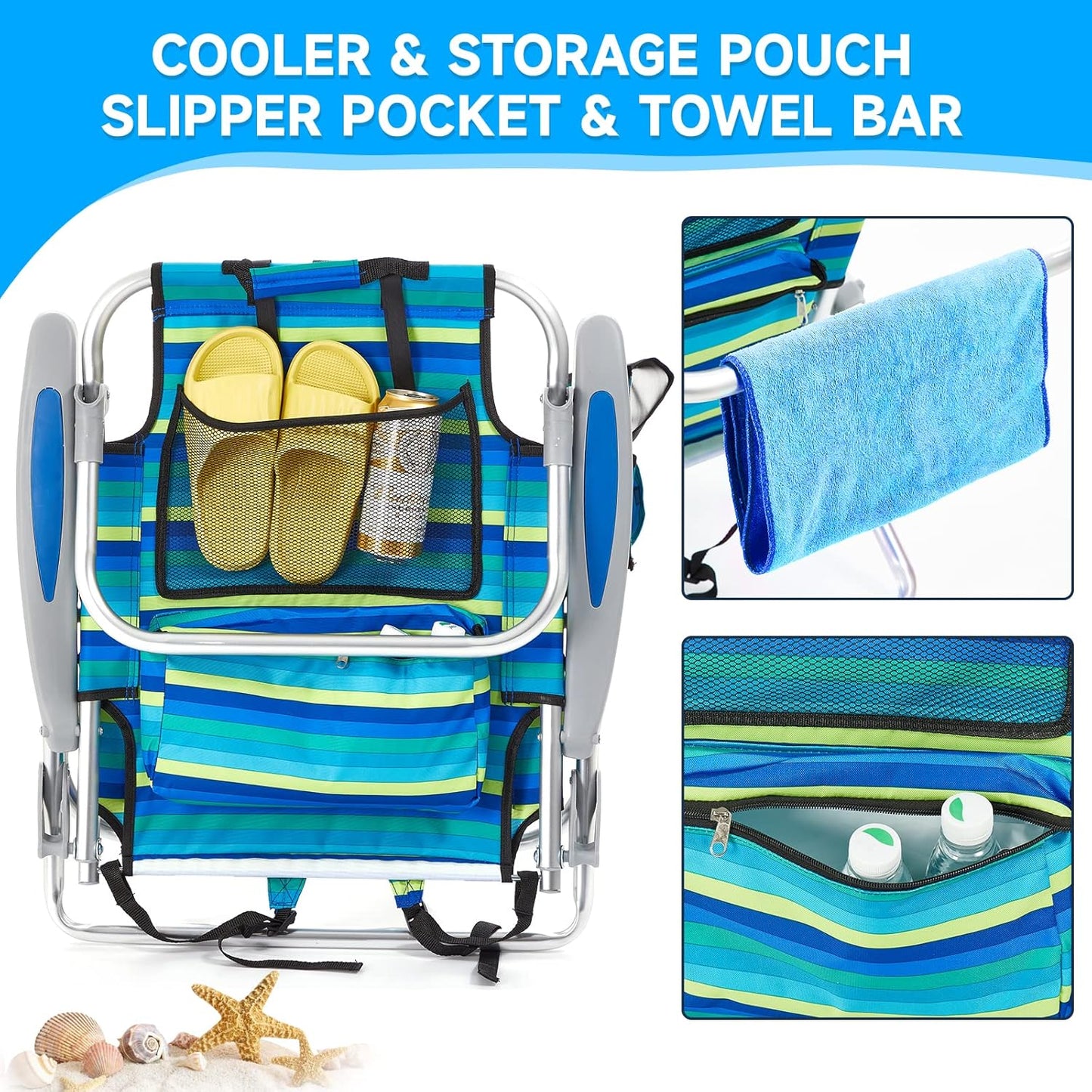 2 Pack Lightweight Portable Camping Beach Chair for Adults, Outdoor Lay Flat Folding Beach Chairs with 5 Positions, Backpack Beach Chair with Towel Bar, Zipper Pouch, Cup Holder, Ocean Striped