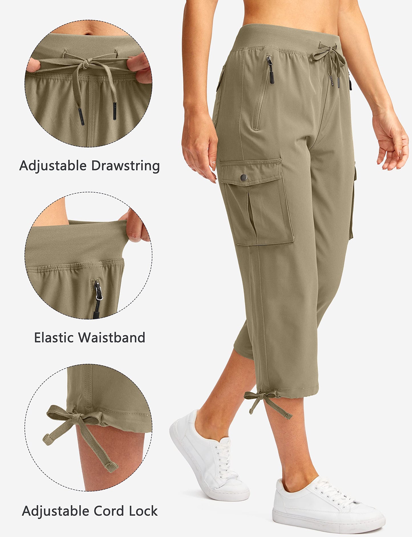 Soothfeel Women's Cargo Capris Pants with 6 Pockets Lightweight Quick Dry Travel Hiking Summer Pants for Women Casual (Dusty Khaki, 3XL)