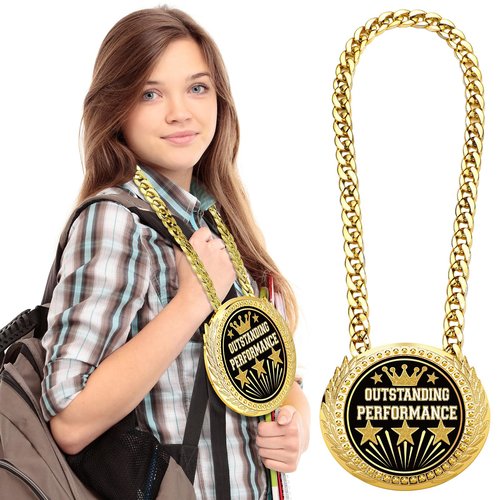 Tondiamo Turnover Chain Graduation Medal 6" Big Gold Award Medal All Star Outstanding Trophy Necklace Champion Chain for College Student School Participation Competition(1 Pcs,Outstanding Performance)