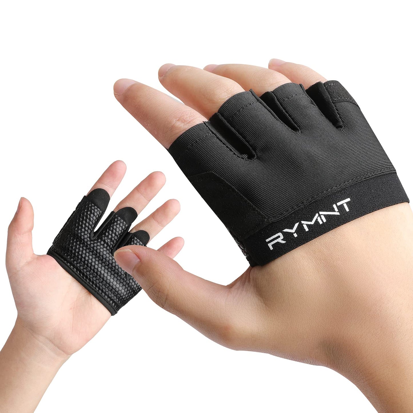 RYMNT Minimal Workout Gloves,Short Micro Weight Lifting Gloves Grip Pads with Full Palm Protection & Extra Grip for Men Women Weightlifting,Gym,Cross Training,Powerlifting,WODs.Black-Medium
