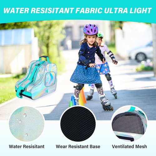 Roller Skate Bag Inline Skates Bag Stylish Plain Holographic Fashion Model Spacious Big Capacity Ice Skate Bag Breathable Mesh Waterproof & Durable Figure Skating Bag For Women And Youth (Silver)
