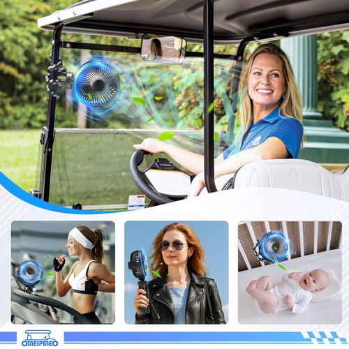 Rechargeable Golf Cart Fan, 12000mAh Stroller Fans, Adjustable 4 Speeds, LED Light, Power Bank, 360° Rotation, Portable Clip on Fans with Flexible Tripod for Club Car EZGO YAMAHA (1PCS Golf Cart Fan)