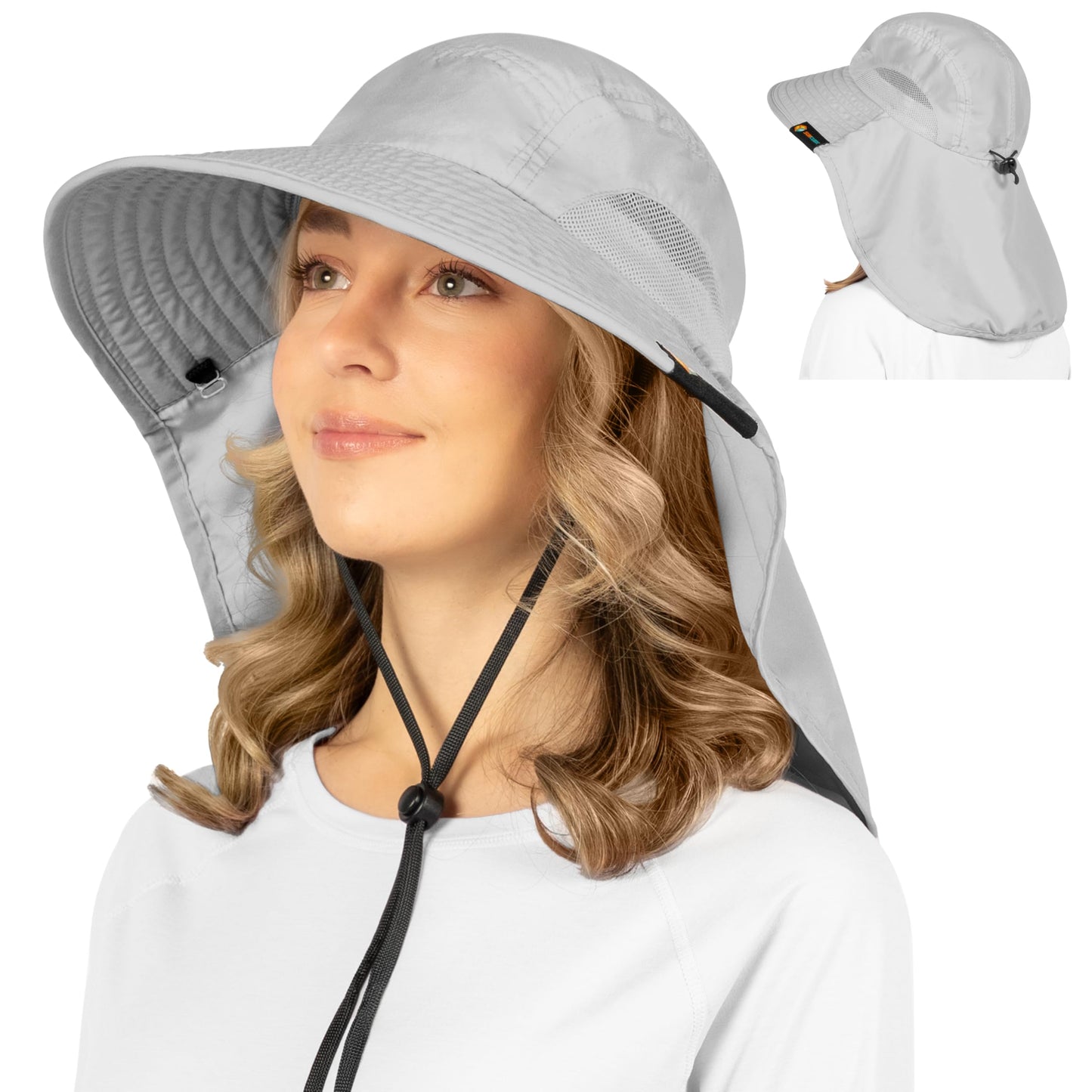 SUN CUBE Wide Brim Sun Hat with Neck Flap for Men Women Fishing, Light Gray