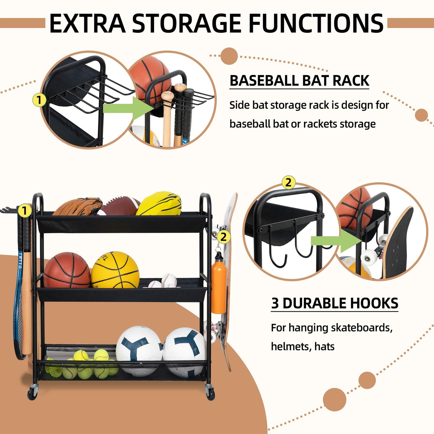 STORAGE MANIAC Basketball Rack 3-Shelf Training Stand with Wheels