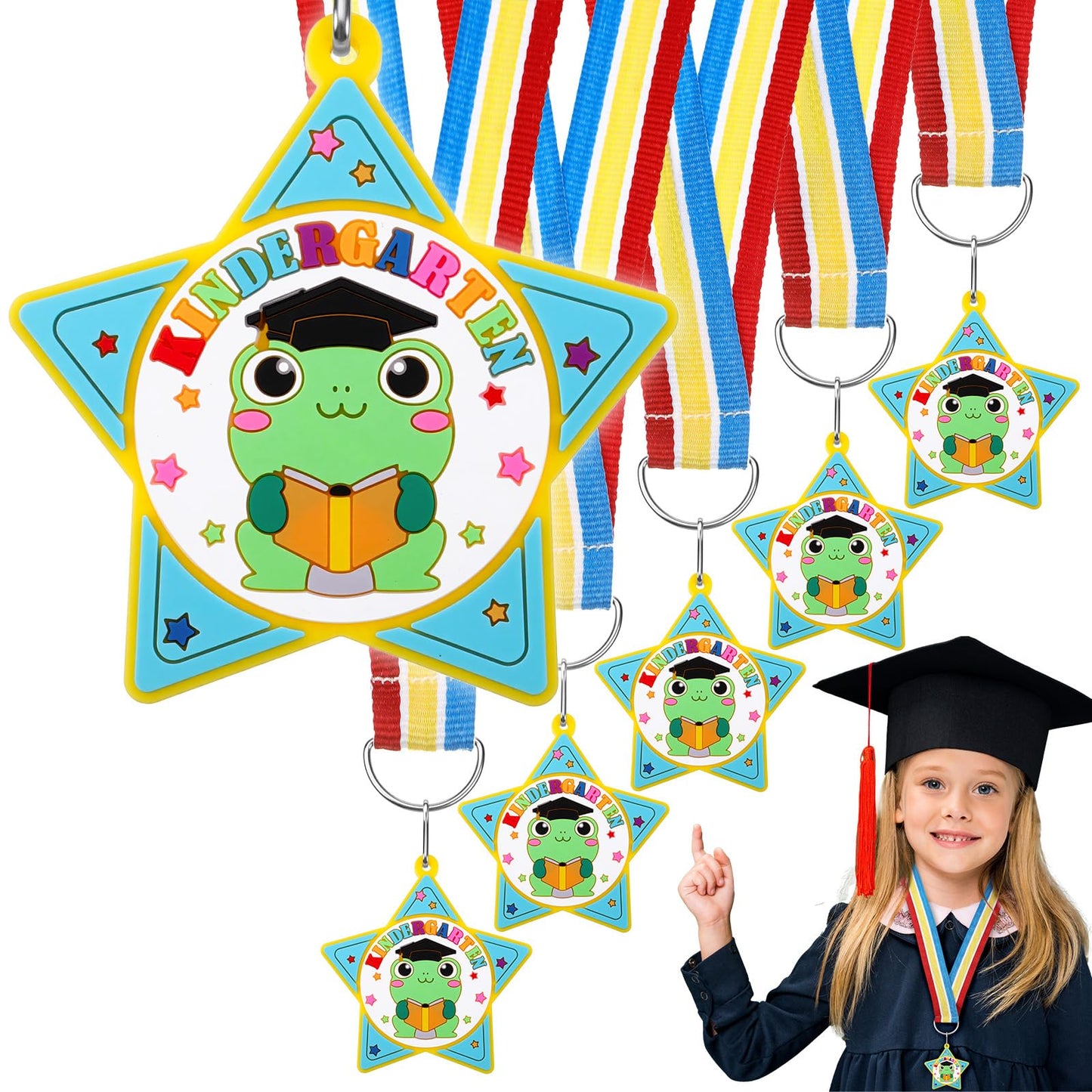 Landical 6 Pcs Preschool Pre-k Graduation Medal for Kids Bulk with Rainbow Neck Ribbon Kindergarten Grad Award Medals for School Students Grad Gifts Party Decorations(Frog)