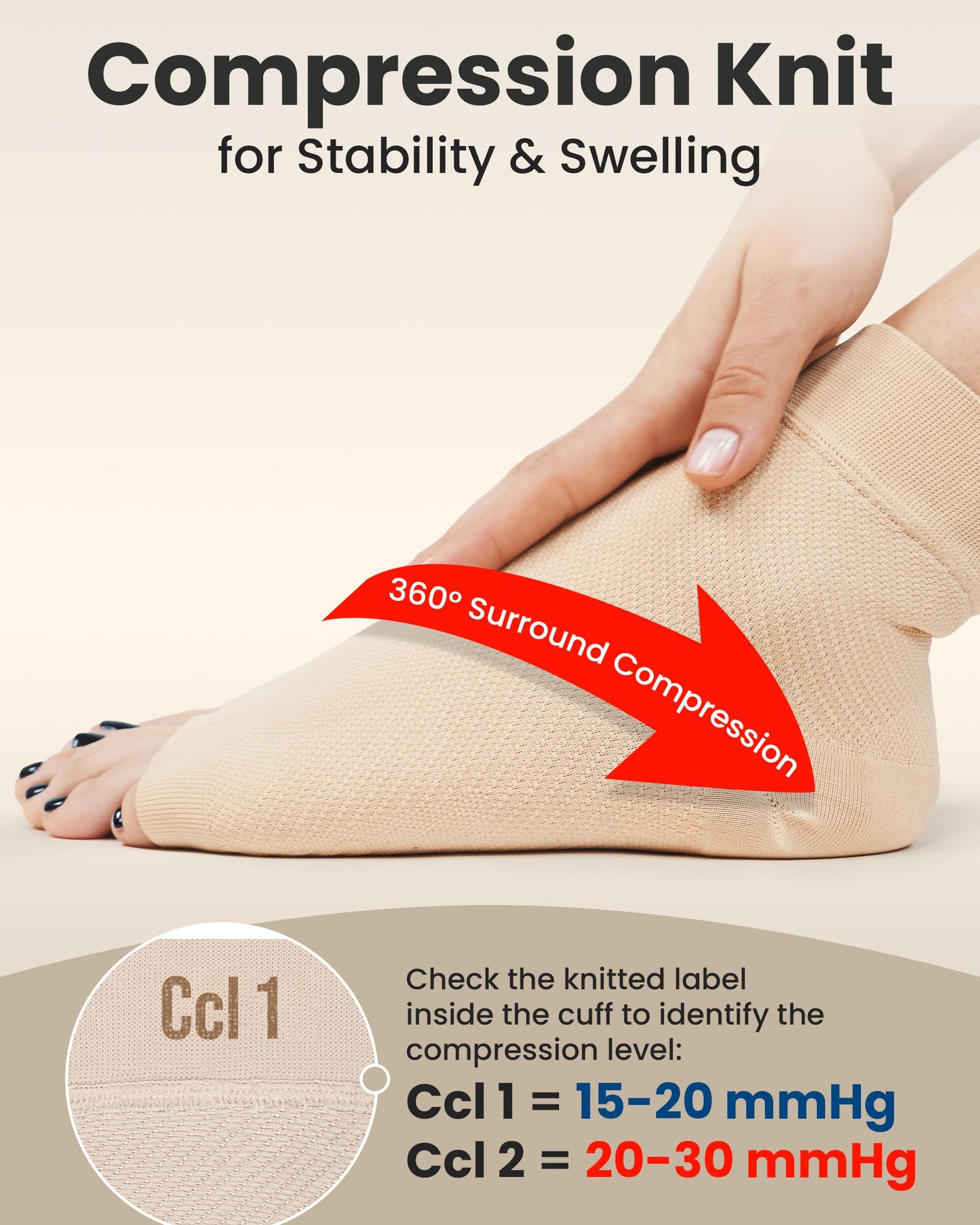 KEMFORD Ankle Compression Sleeve - Plantar Fasciitis Braces - Open Toe Compression Socks for Swelling, Sprain, Neuropathy, Foot Arch Support for Men and Women - 20-30mmhg, M, Beige
