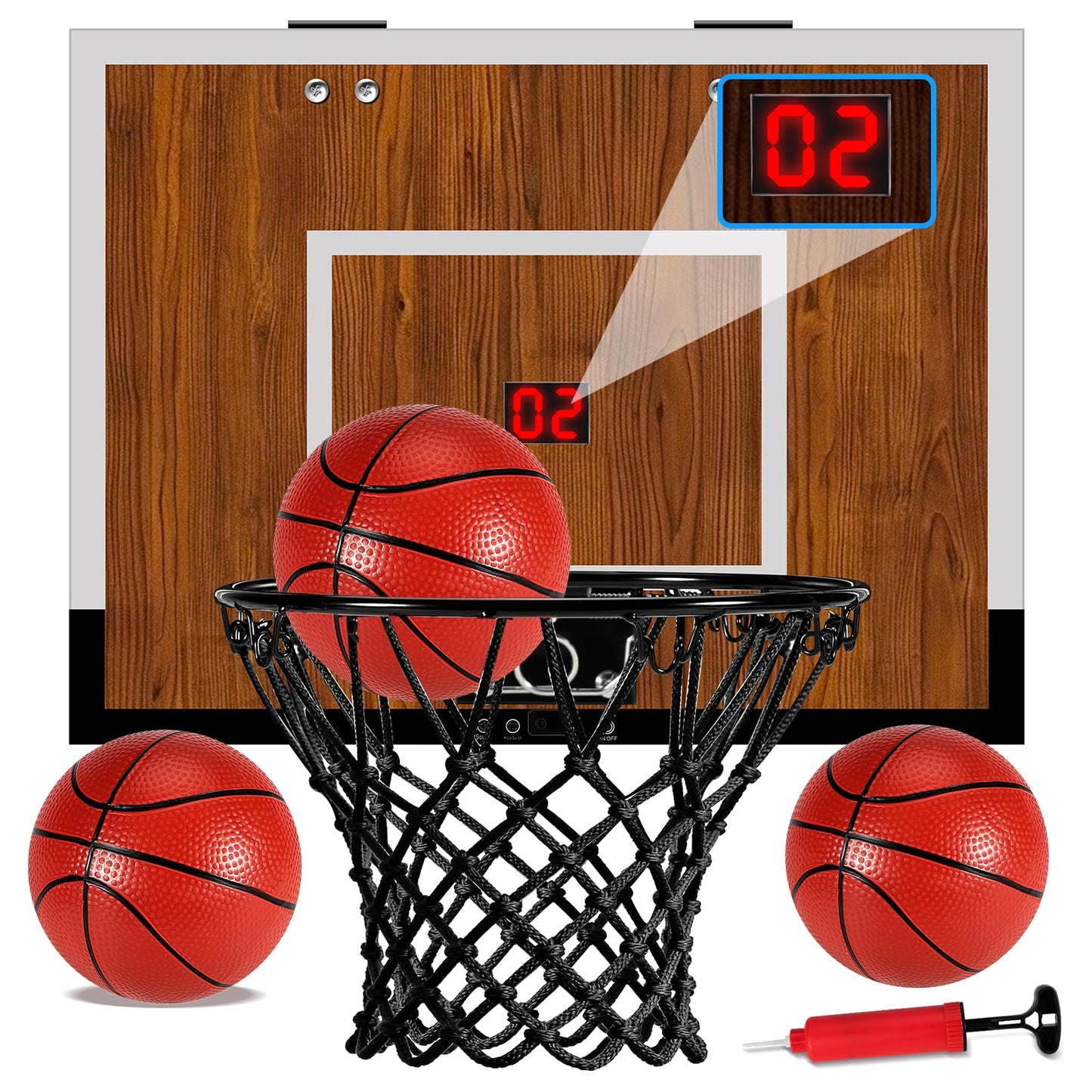 Laapee Indoor Mini Basketball Hoop Set, Over The Door/Wall Mounted with 16"x12"x3" Solid Wood Backboard, Digital Scoreboard, Anti-Shock Door Protection, Includes 3 Mini Basketballs & Air Pump