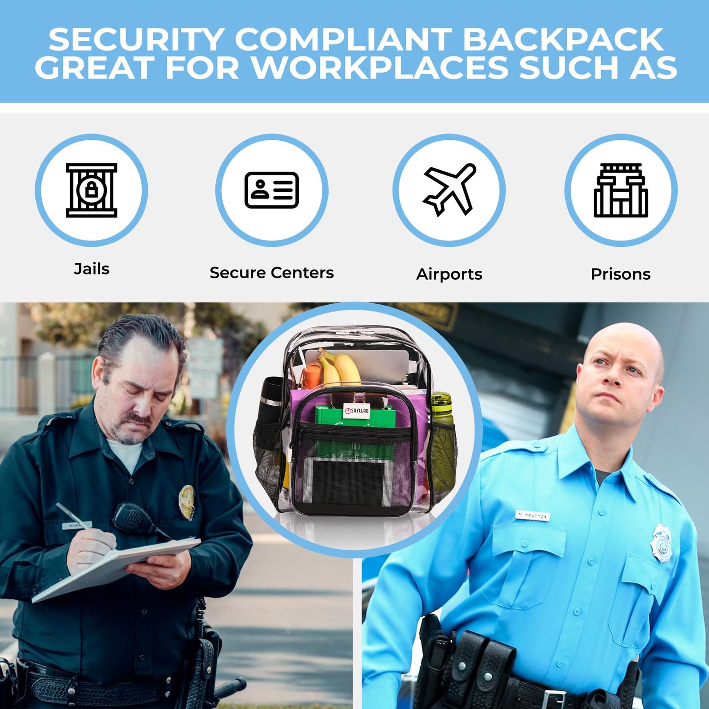 SHYLERO Clear Backpack Heavy Duty has TSA Lock, 2-WAY Zipper. PVC Transparent Backpack X-Large - H18''xW14''xD8 - Black