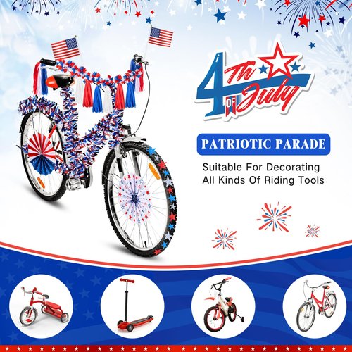 Simgoing 23 Pcs 4th of July Parade Patriotic Bike Decoration Kit Red White and Blue Bicycle Accessories Streamer Tassels Garland America Star Stickers for Independence Day Bike Parade Accessories