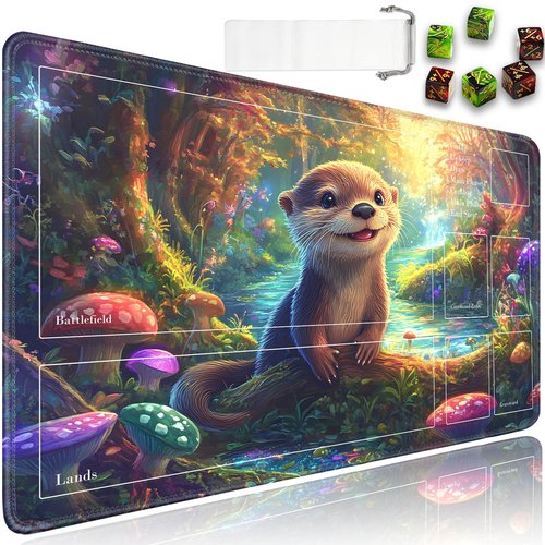 for MTG Playmat with Zones, for TCG Playmat and Board Game Mat with Storage Bag and 6 Dice, 24x14in Non-Slip for MTG Mat, Forest Cute Otter Pattern Magic Trading Card Mat Mousepad