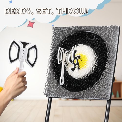 A11N SPORTS Axe Throwing Game with Steel Frame and Bristle Target, Safe Indoor Outdoor Target Game Set, Adjustable Height Yard Game with Axes & Stars for Backyard, Lawn, or Party Play (White/Yellow)