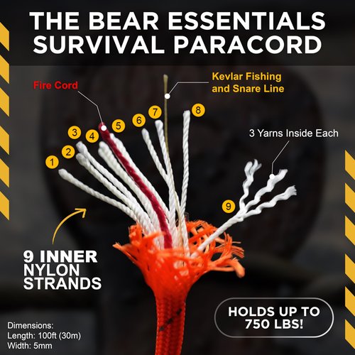 Bear Essentials 750LBS - Premium Reflective Survival Paracord - with Firecord & Kevlar Fishing/Snare Line Inside - High Tenacity Polyester Sheath - Reflective Orange - (100 FT Hank)