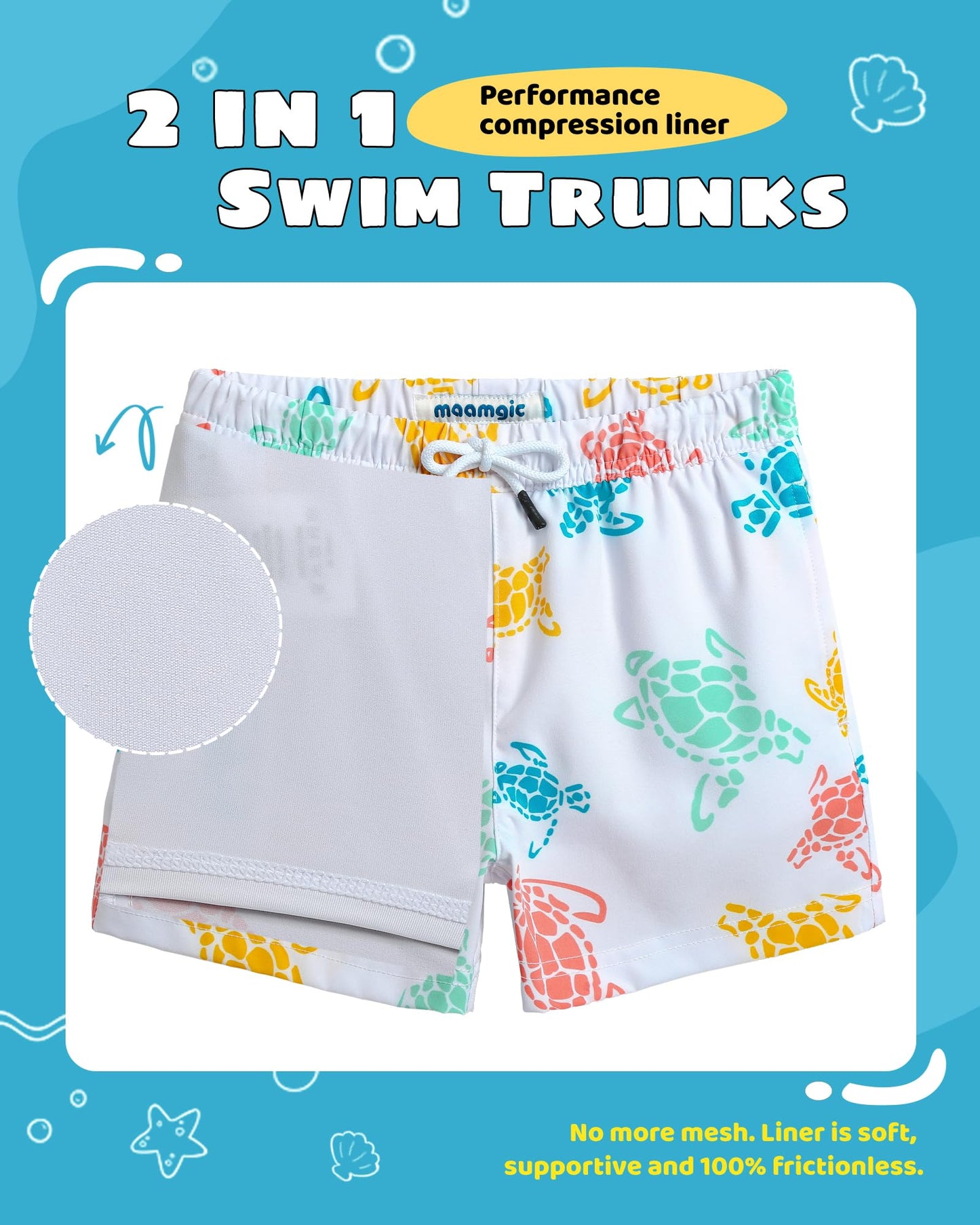 maamgic Boys Swim Trunks with Compression Liner Toddler Stretch Swim Shorts Quick Dry Swimming Trunks Boxer Brief 2 in 1 Beach Shorts White Colorful Turtles 7