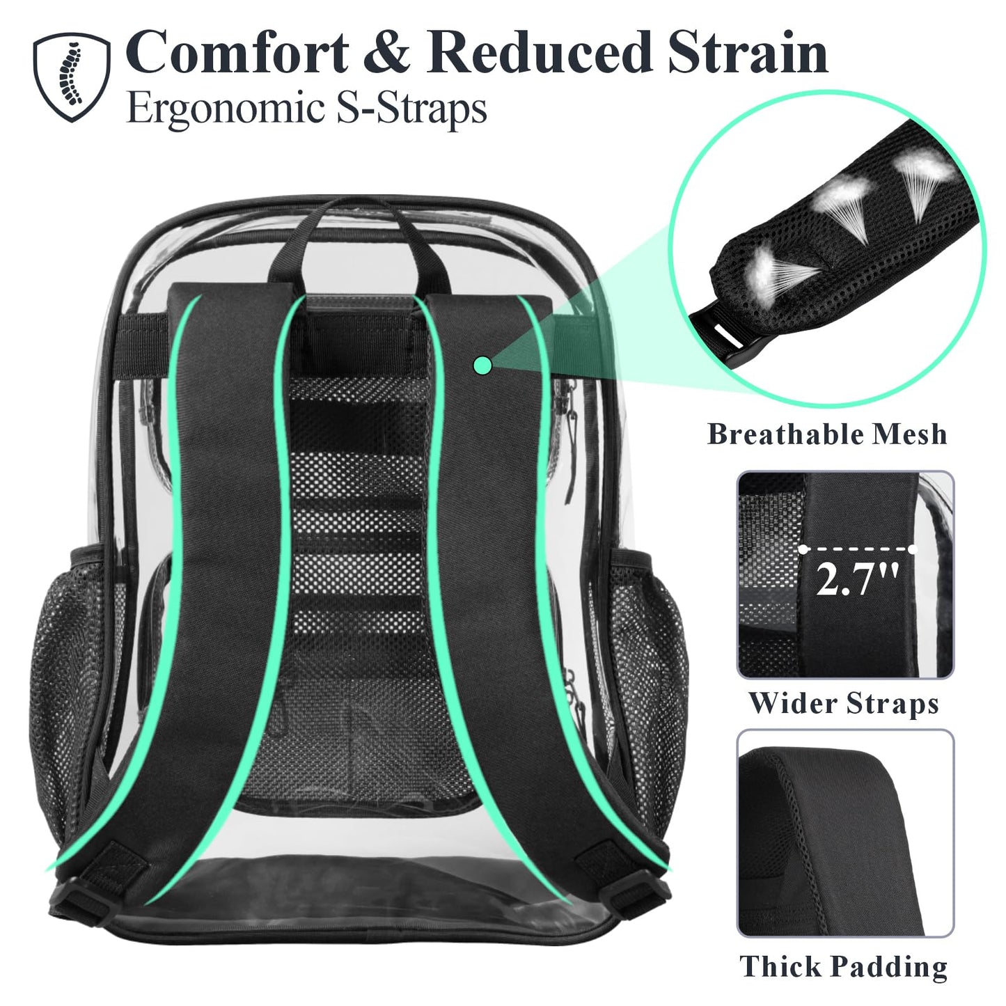 PACKISM Clear Backpack for School - 17 inch Large Heavy Duty Bookbag, Reinforced See Through PVC Transparent Backpack for Students Men Women, Active Black (Age 12+)