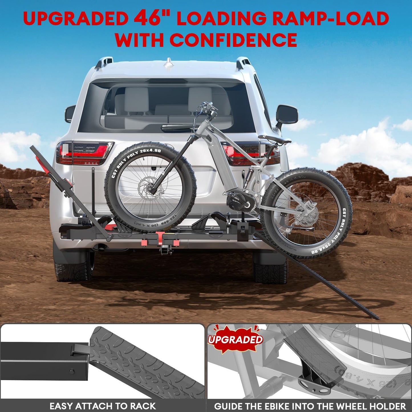 Hitch Mount Bike Rack with Ramp, 170lbs Capacity Foldable Electric Bike Carrier for 2 Heavy Ebike, Up to 5" Fat Tire fits Cars, SUVs, RVs, Trailers with 2 Inch Receiver