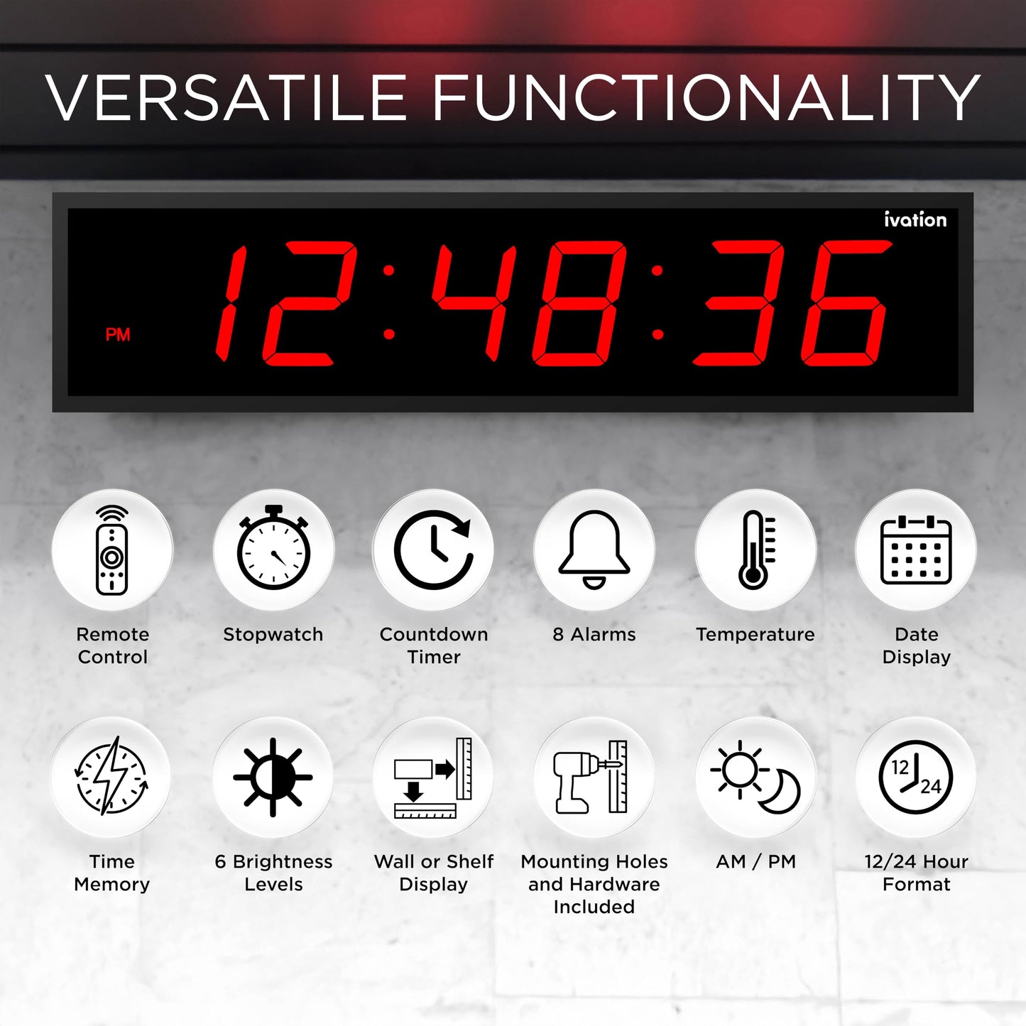 Ivation Oversized 24" Large Digital LED Clock | Big Digital Clock w/Multi-Function Display – Stopwatch, Timer, Alarms, Temp & Date | 6 Brightness Levels, Time Memory & Remote (Red)